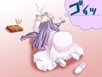  bad_id bad_pixiv_id gift hands_on_own_head hat iganseijin long_hair pain patchouli_knowledge purple_hair ribbon slippers solo thought_bubble top-down_bottom-up touhou trembling 