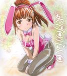  animal_ears bad_id bad_pixiv_id bare_shoulders between_thighs blush brown_eyes brown_hair bunny_ears bunnysuit embarrassed fake_animal_ears fishnet_pantyhose fishnets genderswap genderswap_(mtf) high_heels kneeling kyonko long_hair mayo_riyo pantyhose ponytail shiny shiny_clothes shiny_skin shoes solo sparkle suzumiya_haruhi_no_yuuutsu sweatdrop traditional_media v_arms 