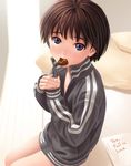  blush bottomless brown_hair chocolate idolmaster idolmaster_(classic) idolmaster_1 jacket kikuchi_makoto mouth_hold nekopuchi purple_eyes short_hair solo tomboy valentine 