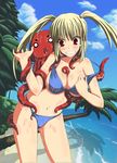  absurdres angry beach between_breasts bikini blonde_hair breasts day highres kuroishi large_breasts long_hair navel octopus original outdoors palm_tree solo swimsuit tree twintails 