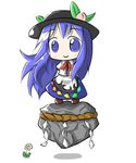  aoblue blue_eyes blue_hair chibi flower food fruit hat highres hinanawi_tenshi keystone long_hair peach rope shide shimenawa solo touhou 