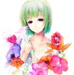  aqua_hair bangs bob_cut closed_mouth collarbone flower flower_request gradient_hair head_tilt holding holding_flower idolmaster idolmaster_(classic) idolmaster_1 looking_at_viewer mole mole_under_mouth multicolored_hair otonashi_kotori pos purple_eyes simple_background sleeveless smile solo upper_body white_background 