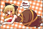  bare_shoulders blonde_hair blush fuji_tooya hair_ribbon happy_valentine kurodani_yamame long_hair lying on_stomach ribbon sleeveless solo touhou valentine 