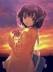  bag bangs black_hair brown_eyes cloud cloudy_sky coat dasoku_sentarou eyebrows_visible_through_hair from_side heart long_sleeves looking_at_viewer looking_to_the_side medium_hair open_mouth original outdoors shoulder_bag sky solo sunset two_side_up valentine 