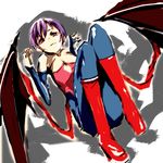  atihsa bat_wings demon_girl elbow_gloves flat_chest gloves highres leotard lilith_aensland pantyhose purple_hair red_eyes red_leotard short_hair solo succubus vampire_(game) wings 
