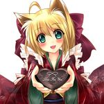  ahoge animal_ears bad_id bad_pixiv_id blonde_hair blush fang fox_ears gift green_eyes holding holding_gift incoming_gift japanese_clothes kimono original shirokitsune solo valentine 