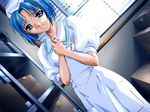  blue_eyes blue_hair dutch_angle game_cg ingoku_byoutou jpeg_artifacts nurse short_hair solo suzumoto_eri yoshino_keiko 