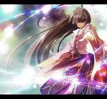  ahoge brown_hair foreshortening frown highres houraisan_kaguya japanese_clothes letterboxed long_hair magic one-eyed open_mouth outstretched_arm pink_eyes sakurame solo touhou very_long_hair 