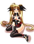  blonde_hair blush breast_hold breasts cleavage fate_testarossa highres iga_tamaki large_breasts long_hair lyrical_nanoha mahou_shoujo_lyrical_nanoha_strikers solo tears thighhighs torn_clothes 