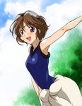  :d armpits bad_id bad_pixiv_id brown_hair clothes_around_waist cloud day flat_chest goggles goggles_on_head midorigi_mura open_mouth outdoors purple_eyes rinrin_(sister_princess) short_hair sister_princess sky smile solo standing sweater sweater_around_waist 