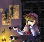  alice_margatroid blonde_hair blue_eyes doll hammer hand_on_own_cheek hanged lamp noose note shelf short_hair solo table tadano_kagekichi touhou 