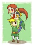  1girl beak black_eyes blonde_hair brown_hair hat link long_hair master_sword medli pointy_ears ponytail powudon red_eyes rito shield sword the_legend_of_zelda the_legend_of_zelda:_the_wind_waker toon_link weapon 