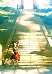  bow broom brown_hair closed_eyes detached_sleeves hair_bow hakurei_reimu mary_janes mishima_hiroji peaceful shoes sitting solo stairs sunlight torii touhou 