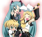  2girls aqua_hair armpits bad_id bad_pixiv_id blonde_hair blush bow brother_and_sister closed_eyes detached_sleeves fang green_eyes hair_ornament hairclip hatsune_miku kagamine_len kagamine_rin long_hair massala midriff multiple_girls navel necktie one_eye_closed short_hair siblings sweatdrop tears twins twintails vocaloid 