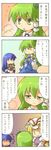  4koma bad_id bad_pixiv_id blonde_hair blue_hair comic food fruit green_eyes green_hair haradaiko_(arata_himeko) hat highres hinanawi_tenshi kochiya_sanae multiple_girls peach touhou translated yakumo_yukari |_| 