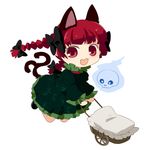  :3 animal_ears braid cat_ears cat_tail chaba_(hortensia) chibi dress hair_ribbon kaenbyou_rin lowres multiple_tails red_eyes red_hair ribbon skull solo tail touhou twin_braids twintails wheelbarrow 