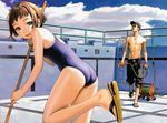  1girl absurdres ass bare_shoulders belt black_eyes bob_cut breasts brown_hair cleaning cloud couple day empty_pool feet hat hetero highres hose jewelry mop murata_renji necklace one-piece_swimsuit pool pool_ladder robot_(manga) sandals school_swimsuit shirtless short_hair small_breasts smile starting_block swimsuit 