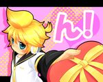  blonde_hair blue_eyes blush box chocolate detached_sleeves heart-shaped_box kagamine_len male_focus mamakari necktie solo valentine vocaloid yellow_neckwear 