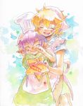  apron blonde_hair bud_(lom) chef_hat hat legend_of_mana mihoka multiple_boys purple_hair seiken_densetsu toto_(lom) traditional_media valentine watercolor_(medium) 