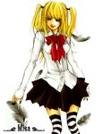  amane_misa bangs blonde_hair blue_eyes commentary_request death_note feathers gothic haruurara long_hair skirt solo striped striped_legwear thighhighs two_side_up 