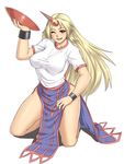  blonde_hair cup horn hoshiguma_yuugi houtengeki kneeling one_eye_closed sakazuki shirt solo taut_clothes taut_shirt touhou 