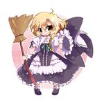  blonde_hair bow braid broom chibi curiosities_of_lotus_asia dress hair_bow hat hat_bow hat_removed headwear_removed holding holding_hat kirisame_marisa ribbon solo take_tonbo touhou witch_hat wrist_cuffs yellow_eyes 