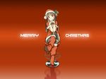  bell boots brown_hair chair christmas crossed_legs dress geister hands_clasped hat high_heels knee_boots long_hair original own_hands_together pantyhose pink_eyes reflection santa_costume santa_hat scarf shoes short_dress sitting smile solo wallpaper 