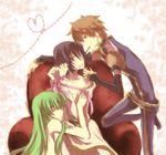  2boys bad_id bad_pixiv_id bisexual_(male) black_hair brown_hair c.c. clothed_male_nude_female code_geass food green_eyes green_hair kururugi_suzaku lelouch_lamperouge multiple_boys nude pocky purple_eyes ribbon ryou_no_(orancyan) yellow_eyes 