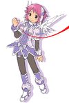  boots dress full_body looking_at_viewer mechanical_wings ootsuka_shin'ichirou original pantyhose pink_hair pinky_out puffy_sleeves red_string robot_ears short_hair short_sleeves simple_background smile solo standing string wings 
