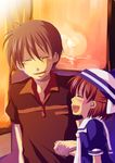  1girl bad_id bad_pixiv_id blue_hair brown_hair clannad closed_eyes dress father_and_daughter holding_hands mochizuki_mina okazaki_tomoya okazaki_ushio open_mouth short_hair tears 