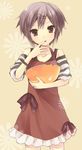  apron brown_eyes casual chocolate finger_licking hair_ornament hairclip hijiki_(hijikini) lavender_hair licking looking_at_viewer mixing_bowl nagato_yuki short_hair solo suzumiya_haruhi_no_yuuutsu tsurime 