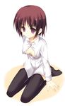  :3 bangs black_legwear breasts brown_hair cleavage collared_shirt copyright_request eyebrows_visible_through_hair full_body kneeling long_sleeves medium_breasts meito_(maze) no_shoes open_clothes open_shirt purple_eyes red_hair seiza shirt short_hair simple_background sitting smile solo thighhighs 