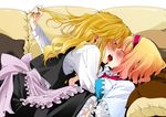  alice_margatroid apron blonde_hair blush chocolate couch couple food hair_pull kirisame_marisa kiss long_hair multiple_girls sweets touhou valentine youko_(santarose) yuri 