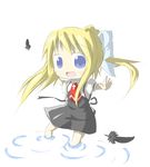  air aoblue blonde_hair blue_eyes chibi feathers kamio_misuzu long_hair outstretched_arms ponytail ribbon school_uniform solo spread_arms 
