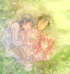  2boys bad_id bad_pixiv_id brother_and_sister brothers closed_eyes gundam gundam_00 holding_hands jo_(artist) johann_trinity lowres michael_trinity multiple_boys nena_trinity red_hair siblings sleeping smile 