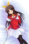  1boy bell black_legwear capelet collar dress elbow_gloves fur_trim gloves idol little_busters little_busters! masayu microphone naoe_riki pantyhose pixiv_thumbnail red_cape red_shirt resized shirt skirt solo trap white_skirt 