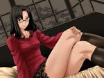  alternate_hairstyle bangs bespectacled black_hair black_legwear blue_eyes crossed_legs fate/stay_night fate_(series) fukurou glasses hair_down kneehighs long_legs older sitting skirt socks solo sweater thighs toosaka_rin window 