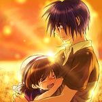  1girl bad_id bad_pixiv_id blue_eyes blue_hair brown_hair clannad closed_eyes father_and_daughter hat nyamorin okazaki_tomoya okazaki_ushio short_hair sunset tears 