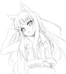  greyscale grune hand_in_hair holo jacket long_hair looking_at_viewer monochrome solo spice_and_wolf 