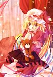 :d alternate_costume anna_(small_night) blonde_hair fang flandre_scarlet flower hat hat_flower mob_cap open_mouth pillow red_eyes sitting smile solo striped striped_legwear stuffed_animal stuffed_toy teddy_bear thighhighs touhou 