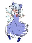  &gt;_&lt; :d blue_hair blush cirno closed_eyes dancing hair_ribbon musical_note open_mouth ribbon shino_(ponjiyuusu) simple_background smile solo touhou v-shaped_eyebrows white_background wings xd 