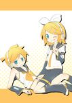 1girl bad_id bad_pixiv_id blonde_hair blue_eyes bow brother_and_sister cosplay costume_switch detached_sleeves hair_ornament hairclip headset highres kagamine_len kagamine_rin linco midriff nail_polish navel one_eye_closed short_hair shorts siblings tongue twins v vocaloid 