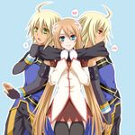  2boys blonde_hair blue_eyes blush brown_hair daybreak dual_persona emil_castagnier fang flower gloves green_eyes hair_ornament heart long_hair marta_lualdi multiple_boys red_eyes scarf shared_scarf smile spoken_blush spoken_heart tales_of_(series) tales_of_symphonia tales_of_symphonia_knight_of_ratatosk 