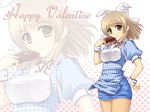  amatsuka_hotaru apron baby_princess blonde_hair brown_eyes brown_hair chocolate dress hair_ornament happy_valentine highres koubeya_uniform masakichi_(crossroad) pantyhose plaid plaid_apron ribbon short_dress short_hair smile solo standing valentine waitress wallpaper wrist_cuffs zoom_layer 