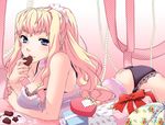  ass blonde_hair blue_eyes bow breasts chocolate gift heart kuroo_(project_apricot) large_breasts lingerie long_hair macross macross_frontier sheryl_nome solo underwear valentine 