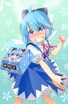  ahoge aqua_background bloomers blue_dress blue_eyes blue_hair blush chocolate cirno clenched_hand clenched_teeth dress floral_background gift hair_ribbon hands heart holding holding_gift incoming_gift looking_at_viewer puffy_short_sleeves puffy_sleeves ribbon ringed_eyes short_hair short_sleeves solo teeth throwing tirol_chocolate touhou translated tsundere underwear valentine wings yahako 