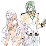  1girl adjusting_hair allelujah_haptism belt celestial_being_uniform couple gloves green_hair gundam gundam_00 hetero higi_(rodriguez) long_hair pilot_suit short_hair soma_peries yellow_eyes 