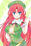  bad_id bad_pixiv_id beret blue_eyes braid breasts cleavage hat hong_meiling impossible_clothes impossible_shirt large_breasts long_hair mamepon red_hair shirt solo touhou twin_braids 