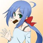  ahoge bad_id bad_pixiv_id blue_hair chocolate chocolate_bar green_eyes long_hair mouth_hold original ponytail solo souto 