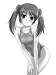  breasts competition_swimsuit covered_nipples greyscale leaning_forward long_hair monochrome one-piece_swimsuit original small_breasts solo swimsuit tk4 twintails 